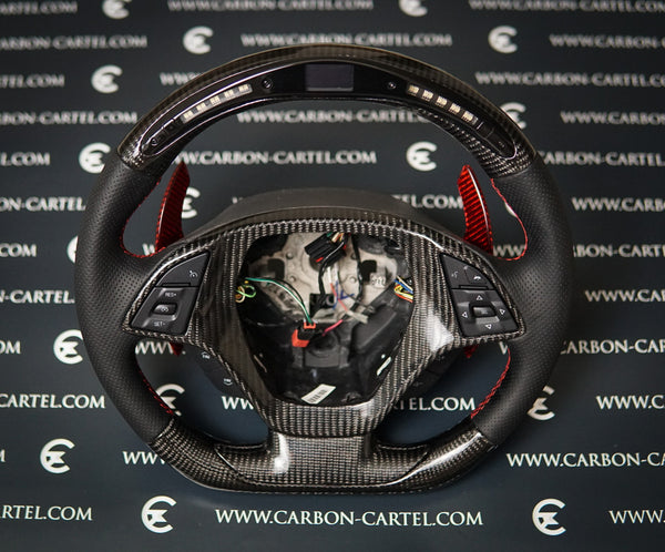 carbon fiber custom made steering wheel with led lights and lcd screen with red paddle shifters